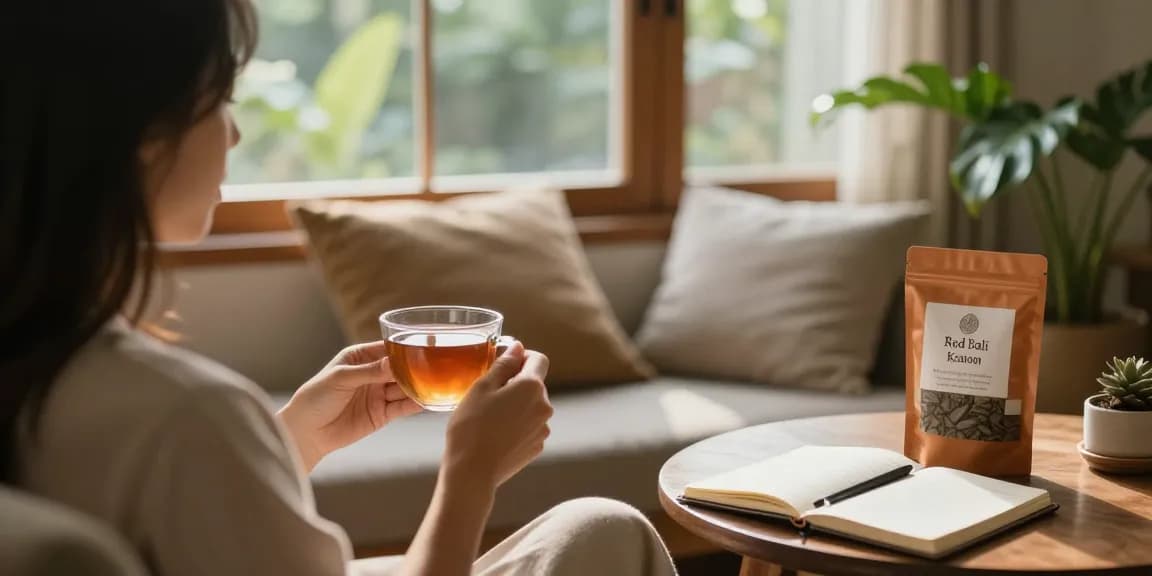 Relaxing with Red Bali Kratom tea from behappygoleafy.com/red-bali-kratom in a cozy living room.