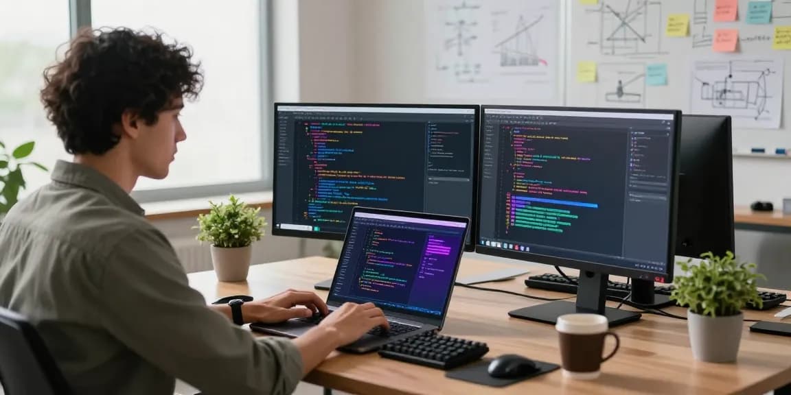Developer using an AI code generator in a modern workspace with dual monitors displaying code.