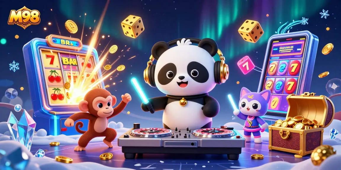 M98 showcases a vibrant 3D scene with cartoon characters lively engaging in gaming, surrounded by dazzling casino elements.