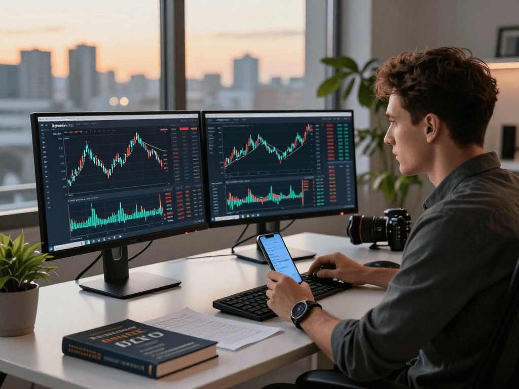 Traders engaged in Kyber-Swap cryptocurrency exchange activities at a modern office desk