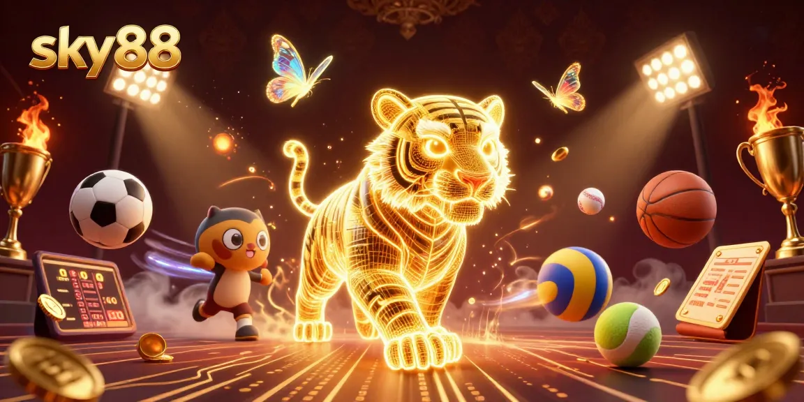 Engage in exhilarating betting with sky88 at this vivid digital casino scene featuring neon elements and energetic sports.