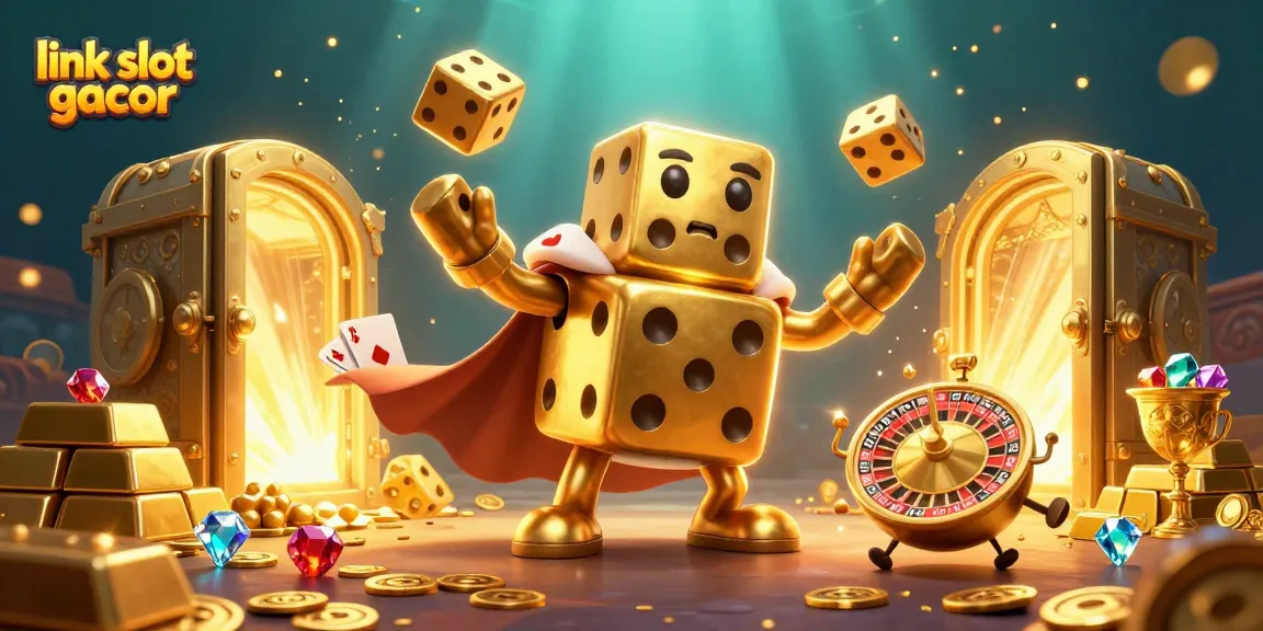 Engage with link slot gacor in a vibrant scene showcasing a golden dice golem juggling treasures.