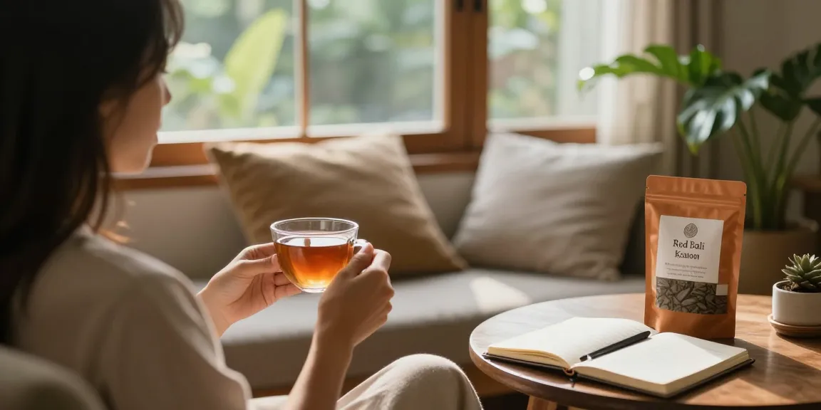 Relaxing with Red Bali Kratom tea from behappygoleafy.com/red-bali-kratom in a cozy living room.