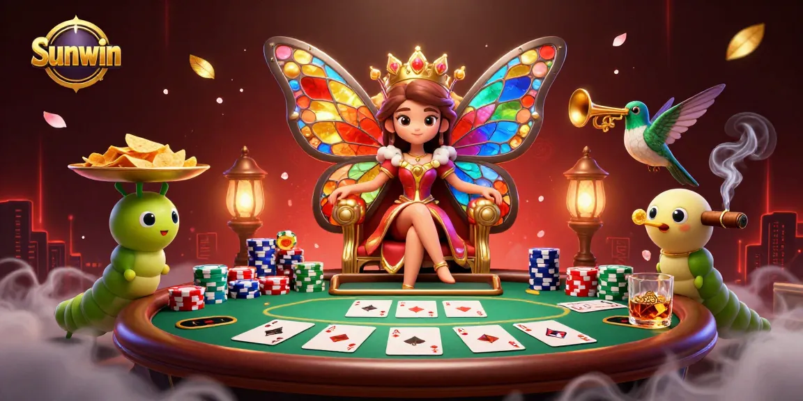 Sunwin casino scene showcases a butterfly queen among poker elements and vibrant colors.