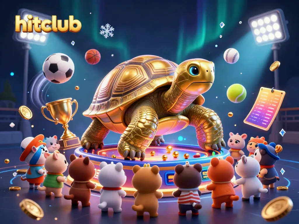 Engage with hitclub's gaming universe featuring a colossal tortoise pinball machine and vibrant sports motifs.