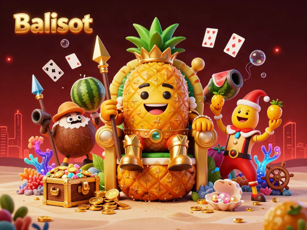 Balislot-themed casino illustration with a golden pineapple king and vibrant gaming elements.