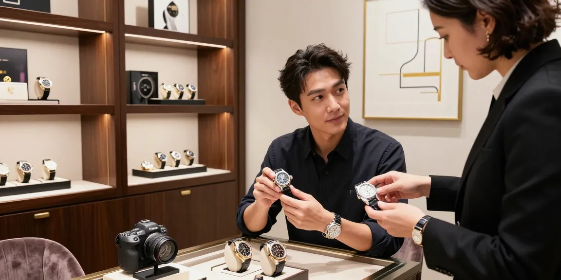 Engaged customer exploring super clone watches in an elegant boutique.
