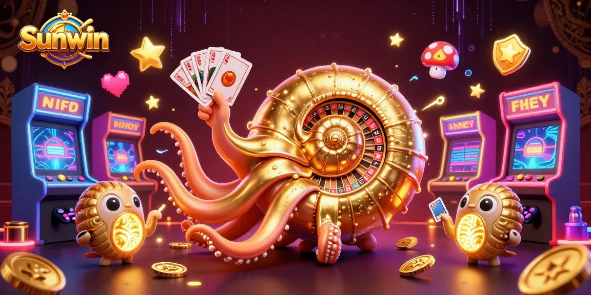 Experience Sunwin with a vibrant scene of a giant nautilus, colorful gaming elements, and mesmerizing lights.