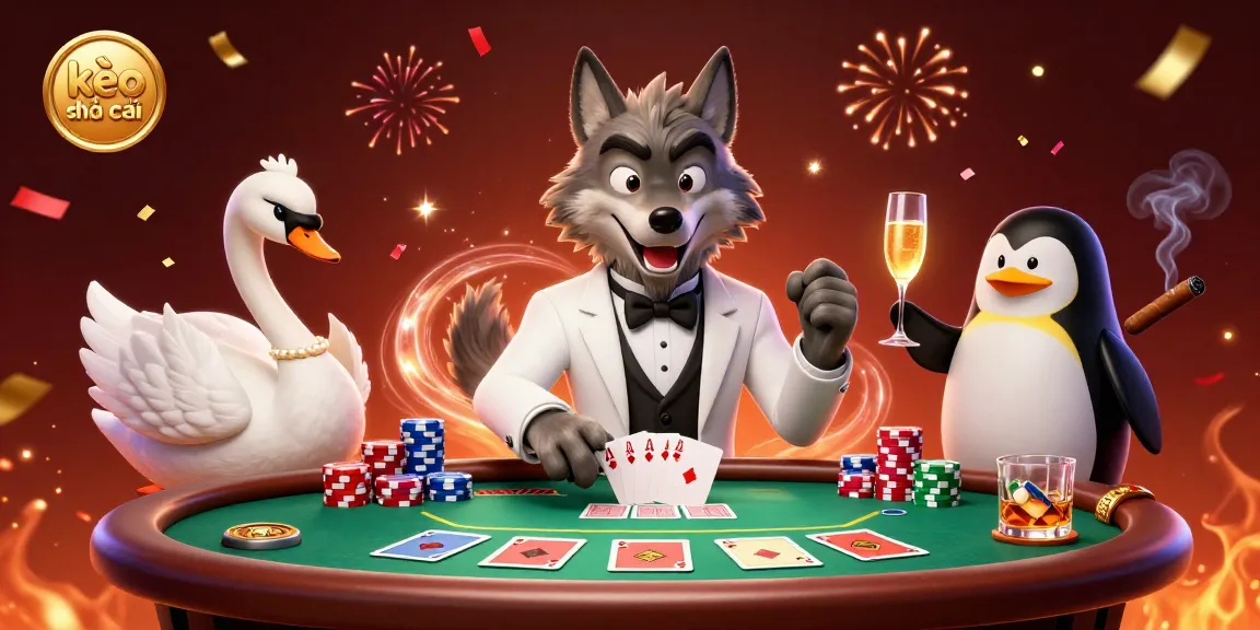 Engage with the kèo nhà cái scene featuring a chic wolf, a swan dealer, and a penguin sommelier amidst vibrant casino energy.