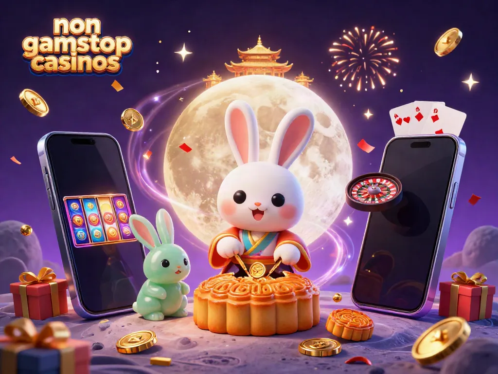 This vibrant illustration showcases non gamstop casinos with a moon rabbit theme, revealing poker chips and casino elements.