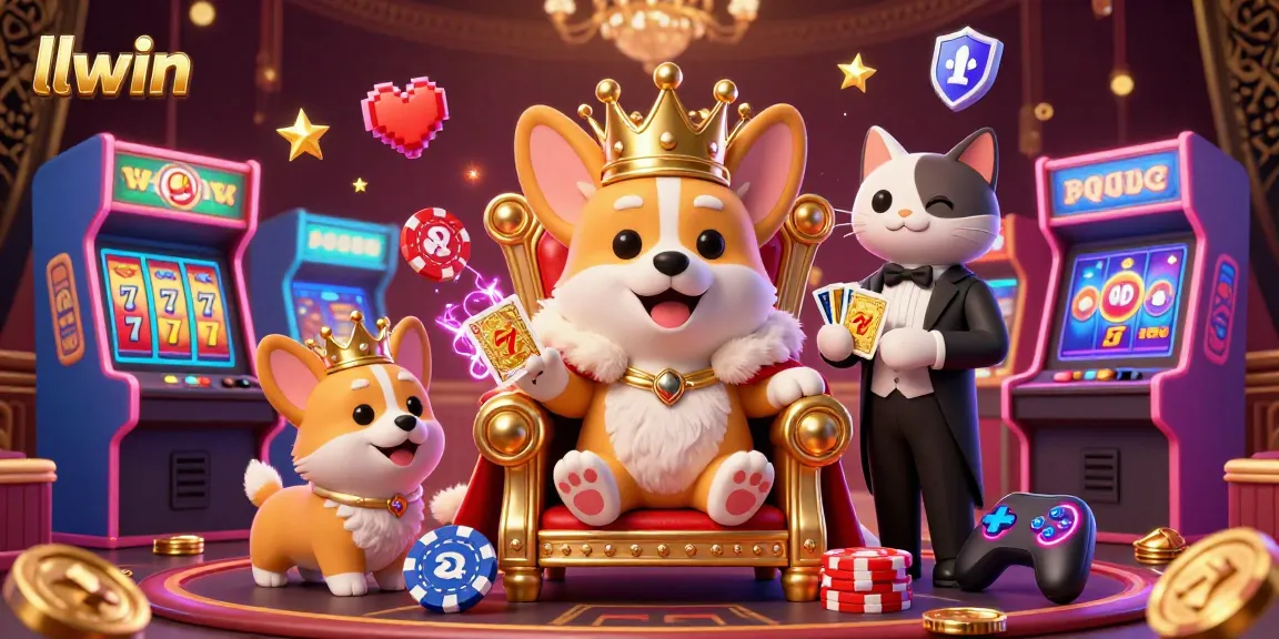 Experience thrilling gaming at llwin with vibrant casino illustrations featuring slot reels, corgi characters, and neon accents.