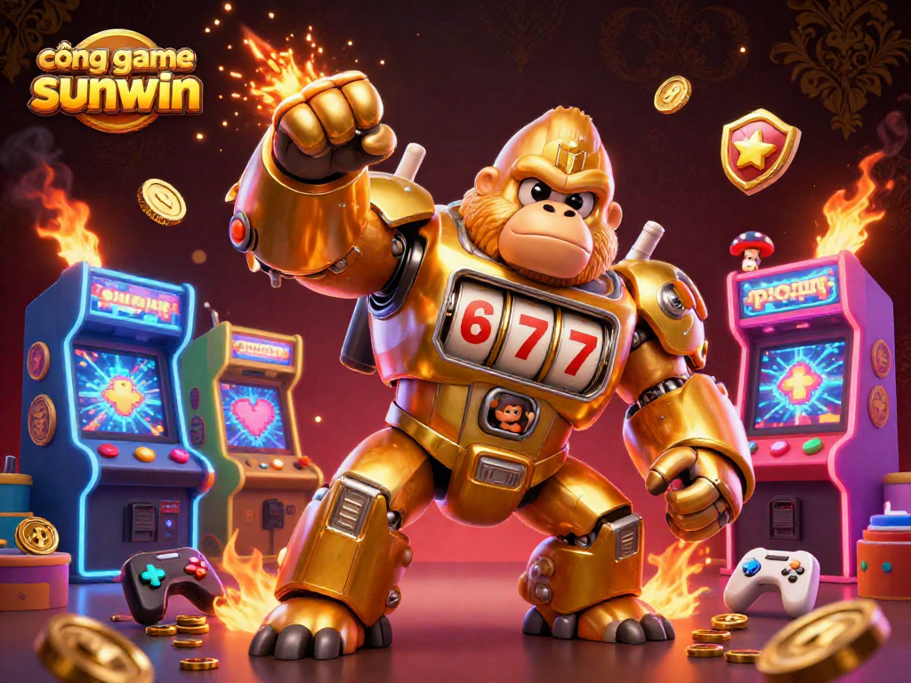 Engage with cổng game sunwin's exciting 3D scene featuring a golden gorilla mech celebrating with coins and vibrant game elements.