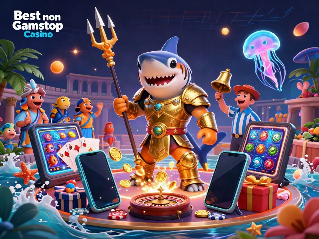 Engaging casino scene showcasing the Best non Gamstop Casino with a fierce shark, dynamic games, and lively details.