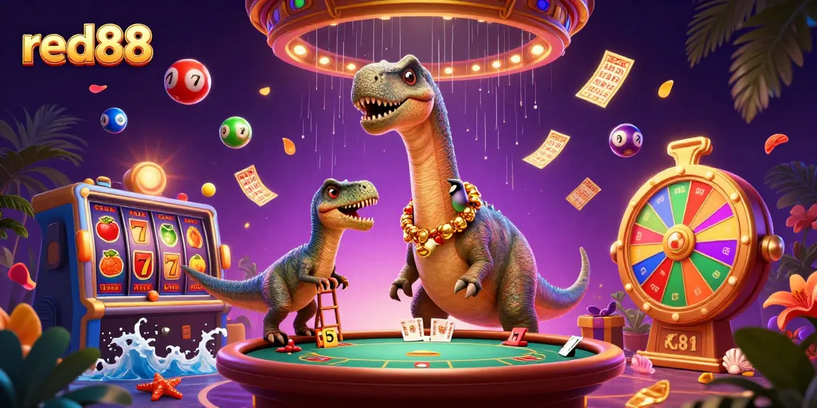 Experience the excitement of red88 with a whimsical 3D illustration featuring a towering brontosaurus amidst vibrant lottery elements.