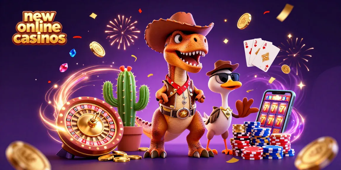 Experience new online casinos with a vibrant illustration of a cowboy dinosaur amidst casino elements.