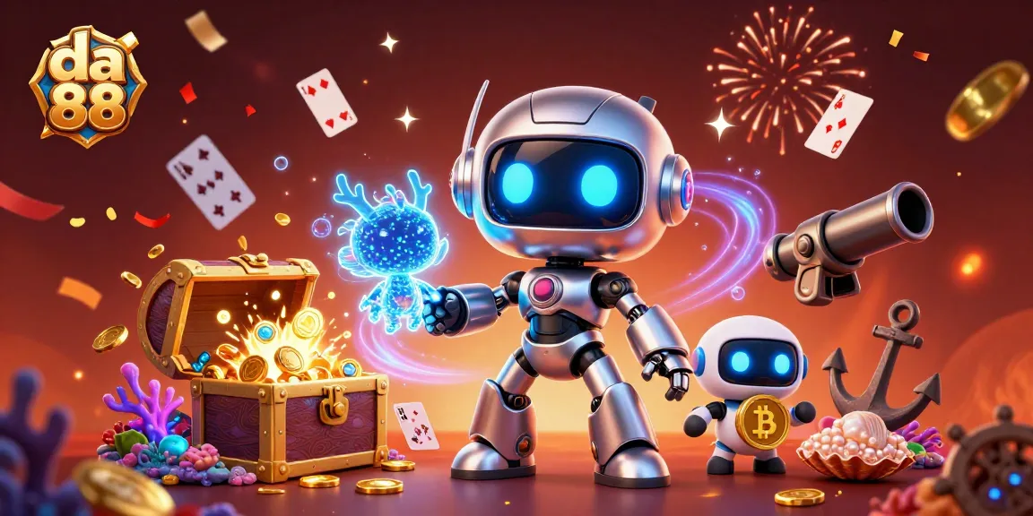 Experience the excitement at da 88 with a vibrant 3D casino scene showcasing a robotic mascot, AI dragon, and bitcoin drone.