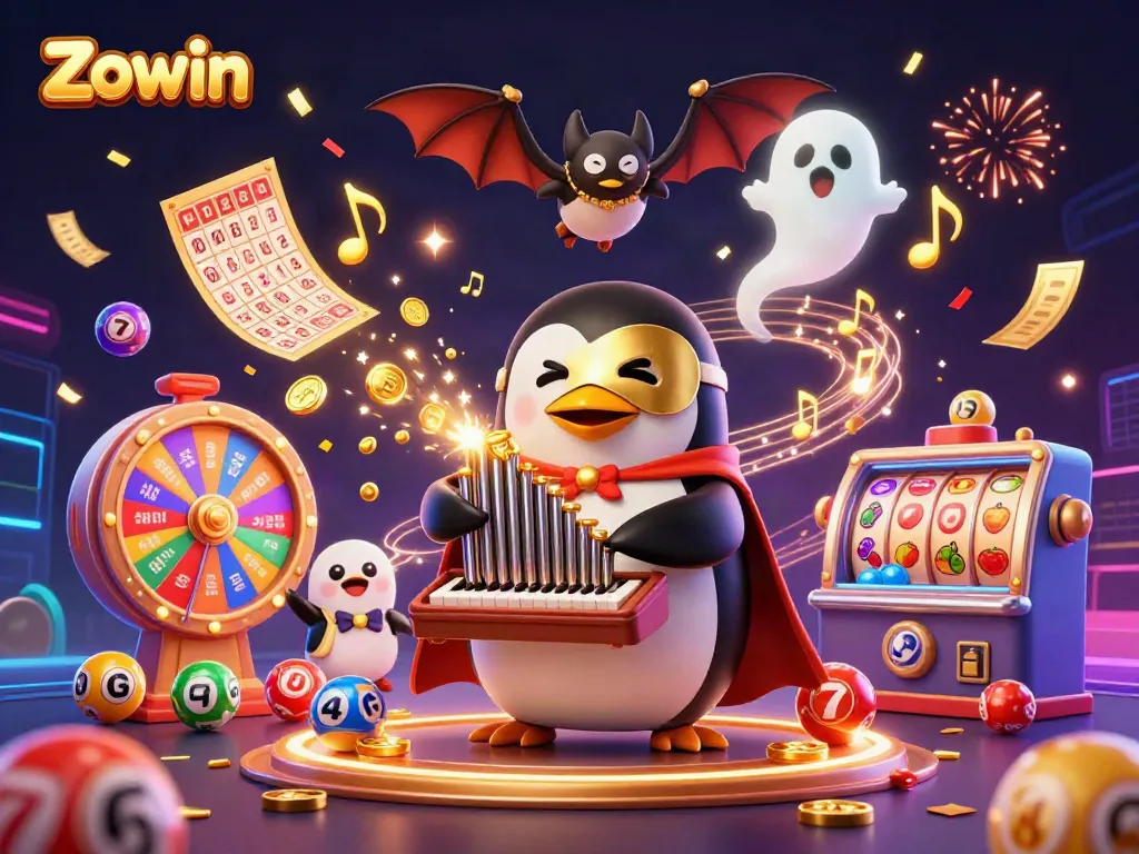 Engage with Zowin in a vibrant casino scene featuring a penguin and exciting lottery elements.