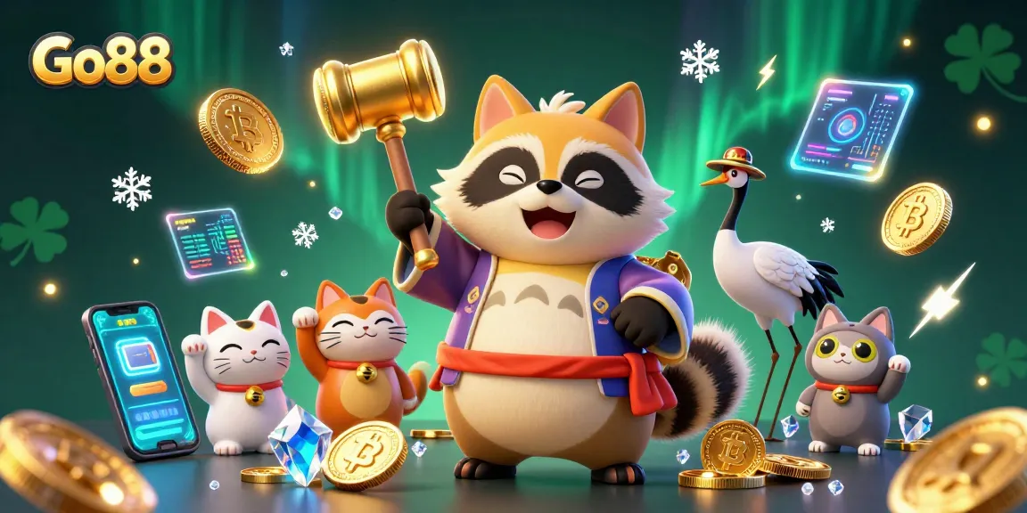 Play exciting games at Go88 with cheerful characters, crypto elements, and a vibrant casino atmosphere.