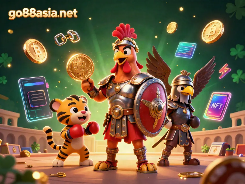 Experience the excitement of go88asia net with dynamic 3D illustration showcasing a gladiator rooster amidst crypto coins.