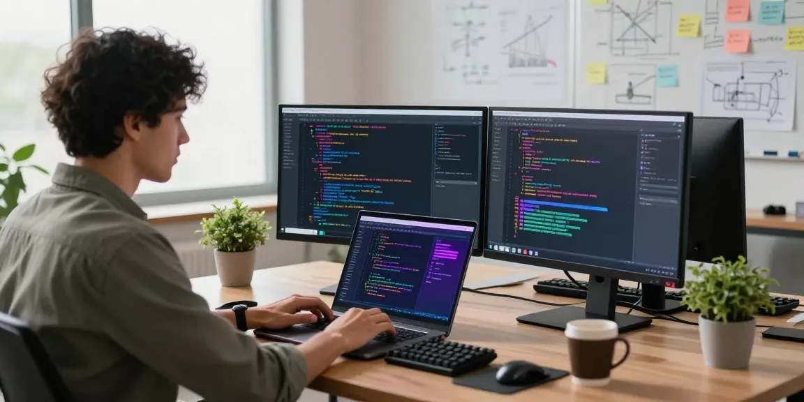 Developer using an AI code generator in a modern workspace with dual monitors displaying code.