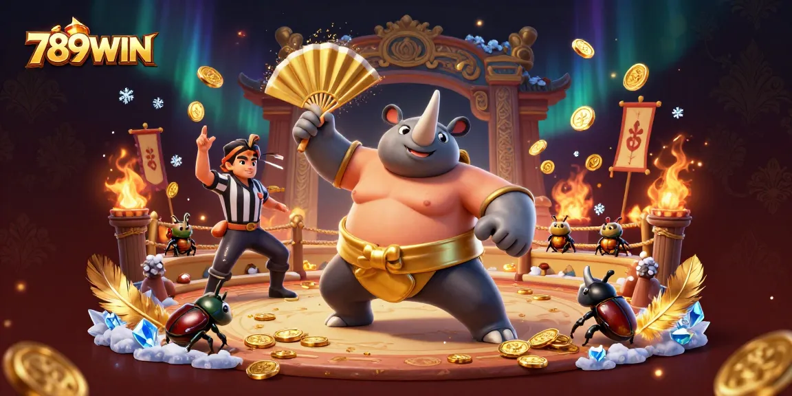 Engage with 789WIN as 3D beetle champion stomps for golden coins amidst vibrant casino elements.