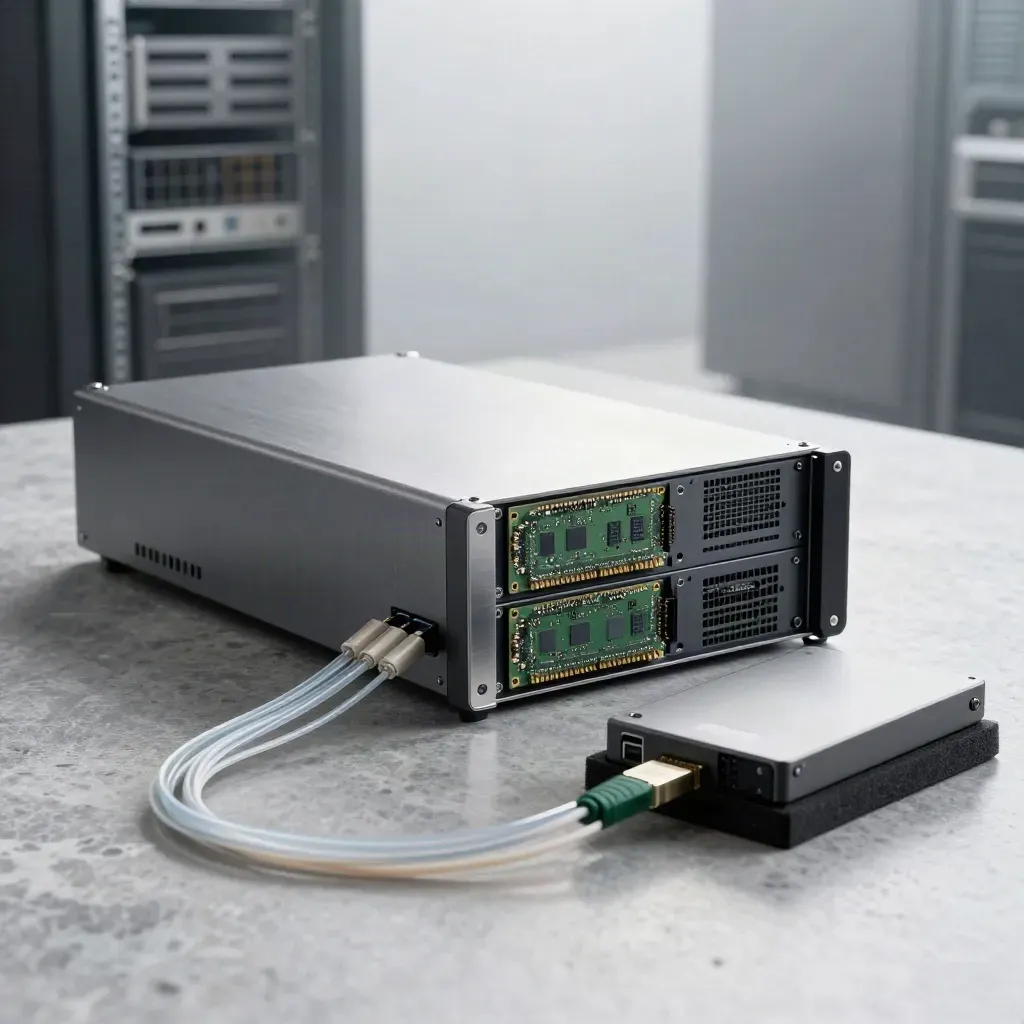 Graphite server chassis with SSDs, fibre leads, and backup drive on stone in misty studio light