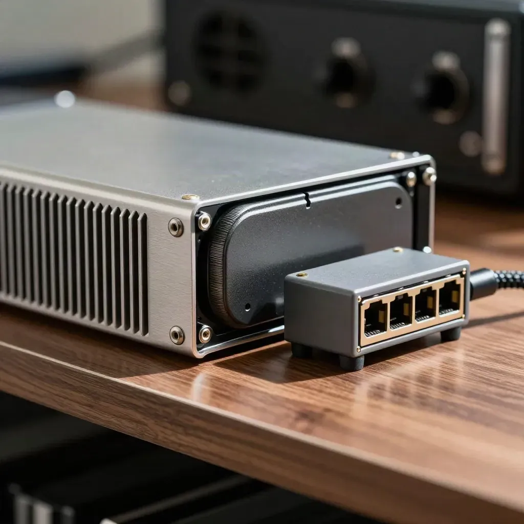 Macro still life of server node, backup drive and router brick on a walnut rack shelf.