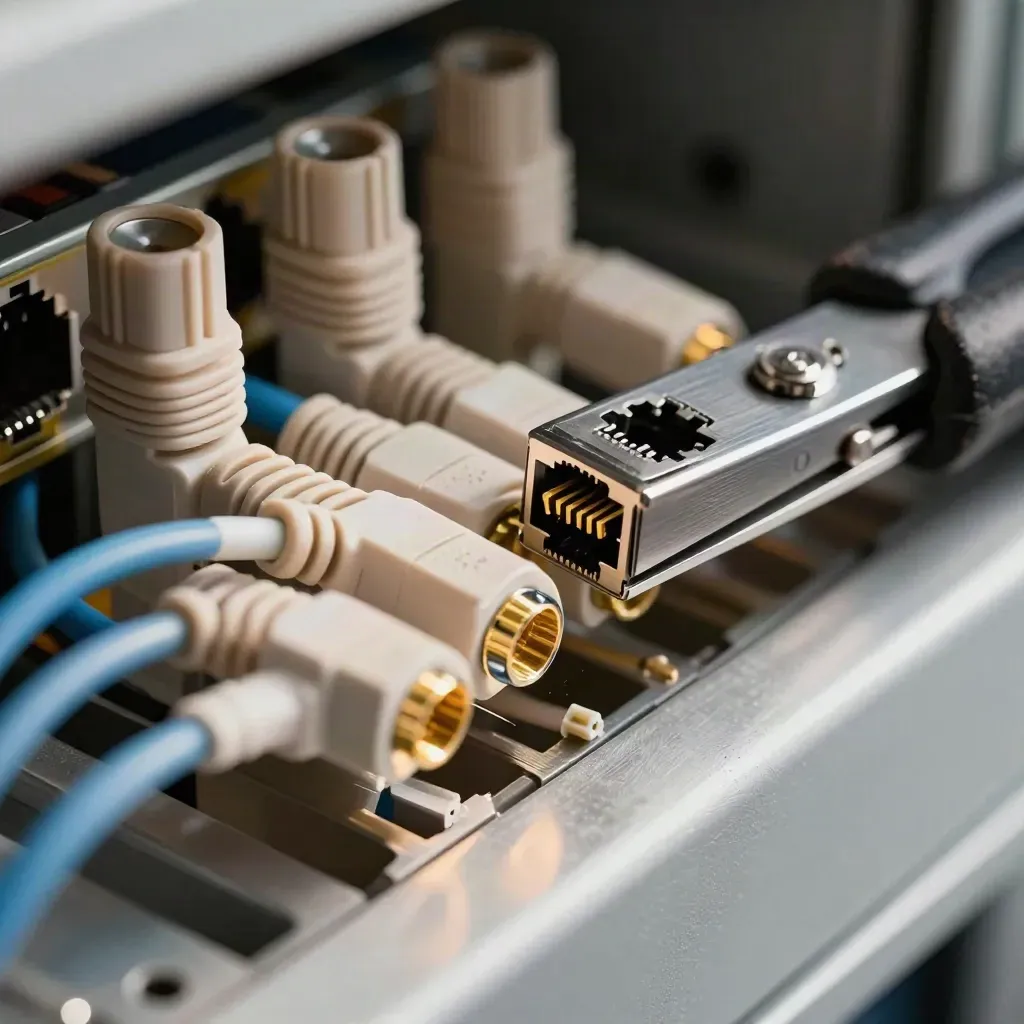 Macro of network connectors, fibre couplers and a punch-down tool on a cable tray.