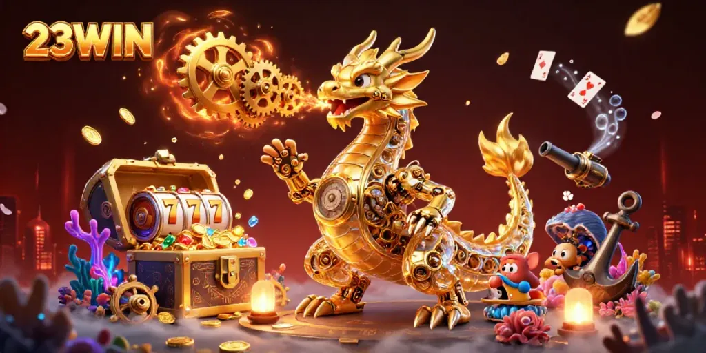 Experience the excitement of 23WIN with a golden dragon and vibrant slot elements in a rich casino-themed scene.