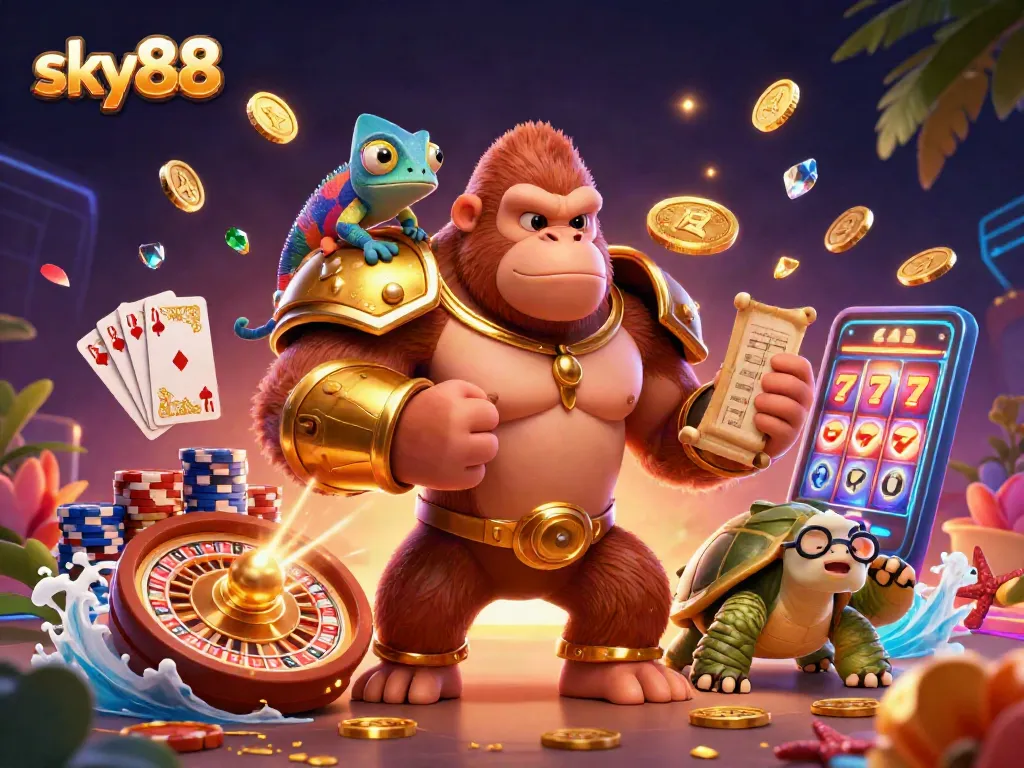 Sky88 players enjoy thrilling spins with golden coins in a vibrant 3D casino scene.