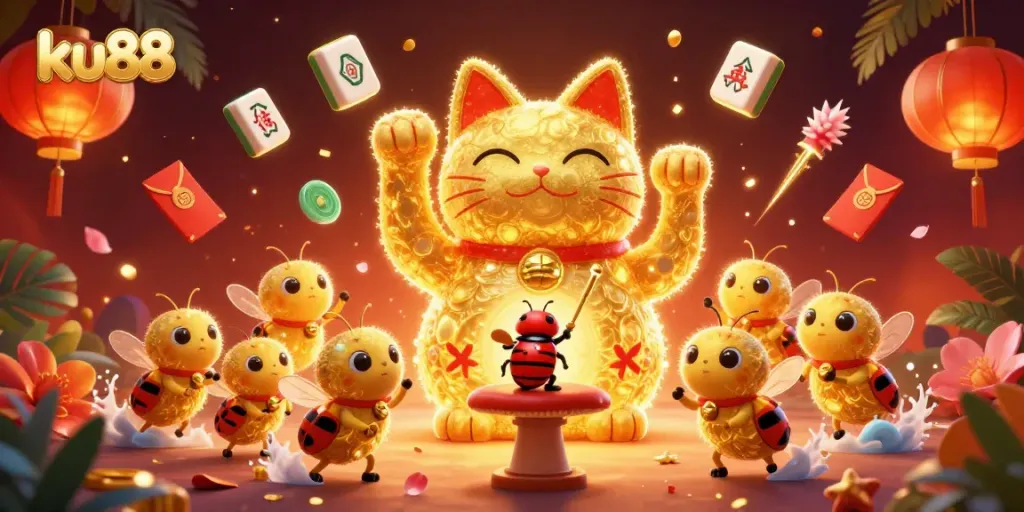 Experience the excitement at ku88 with a vibrant illustration of a lucky cat and casino symbols.