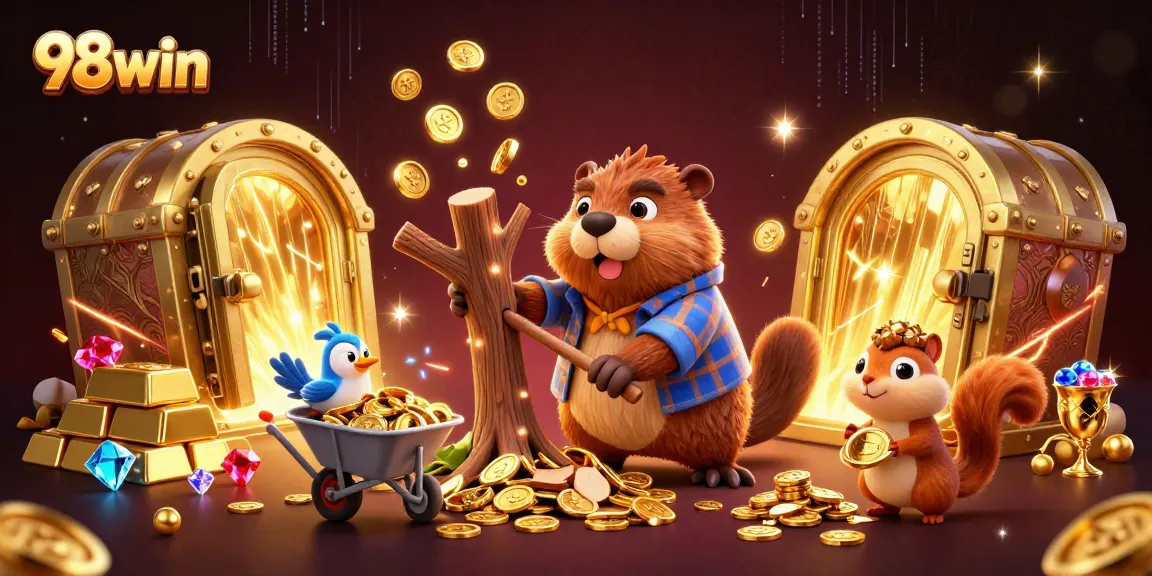 Join the thrilling action of 98win with a lively scene of cartoon characters collecting coins amidst overflowing treasure.