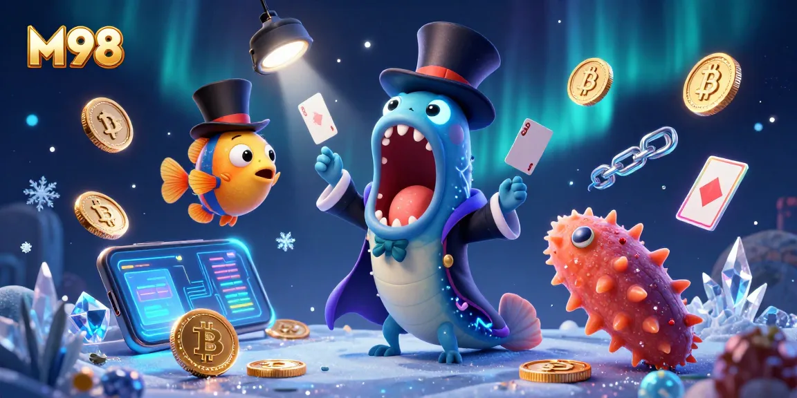 M98 brings excitement with a bioluminescent eel performing magic tricks in a crypto-themed casino scene.