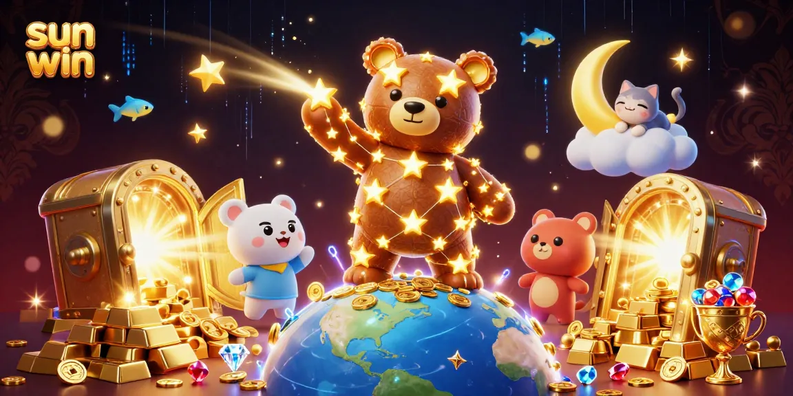 Experience the thrill of sun win with a vibrant 3D illustration showcasing starry characters and treasures.