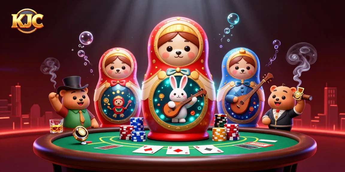 KJC engages players with colorful casino game elements in a vibrant 3D scene.