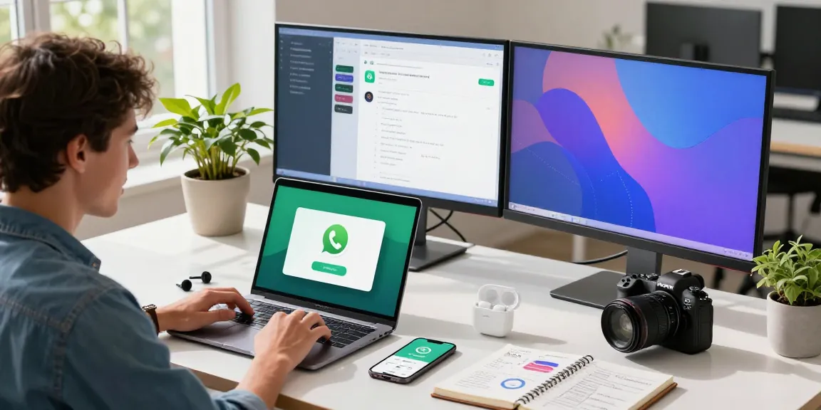 Engaged person downloading WhatsApp下載 in a modern tech workspace.