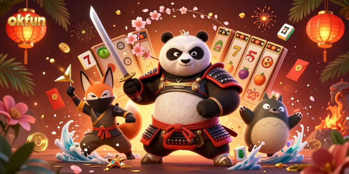Experience spinning slot reels and winning jackpots with okfun in this vibrant casino illustration.