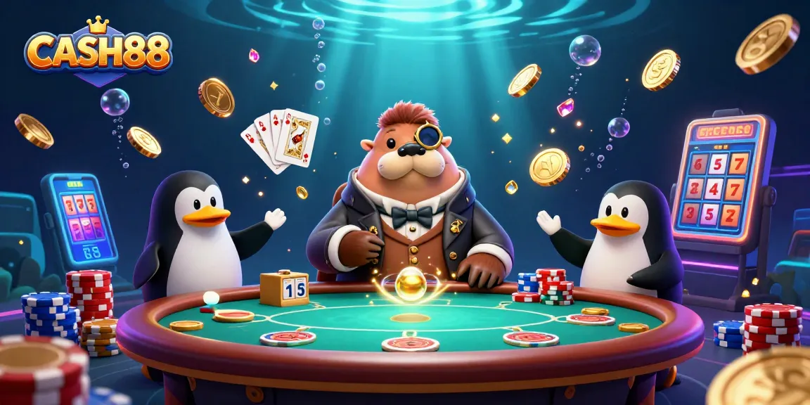 CASH88 offers a vibrant underwater casino scene featuring a walrus, a penguin dealer, and a bluffing pufferfish.