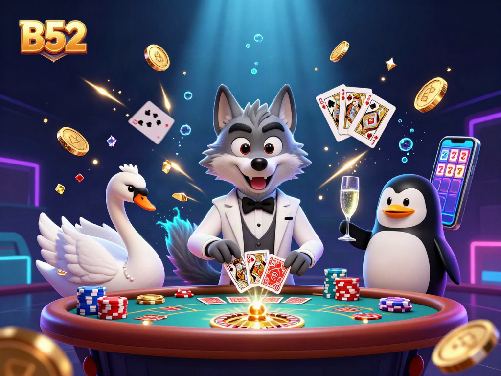 B52 offers a high-stakes baccarat scene with a debonair wolf, swan dealing cards, and a penguin presenting champagne.
