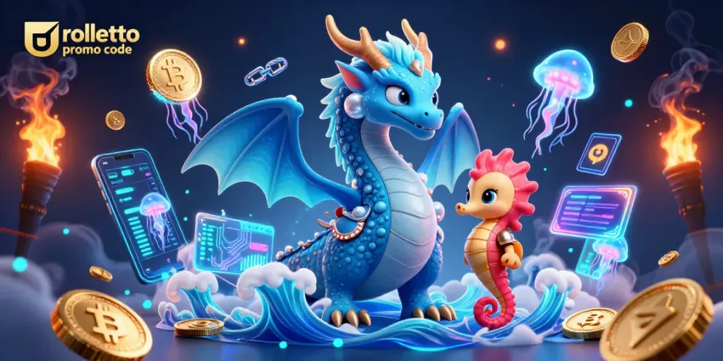 Win big with the rolletto promo code, featuring a vibrant 3D casino scene full of dynamic gaming elements.