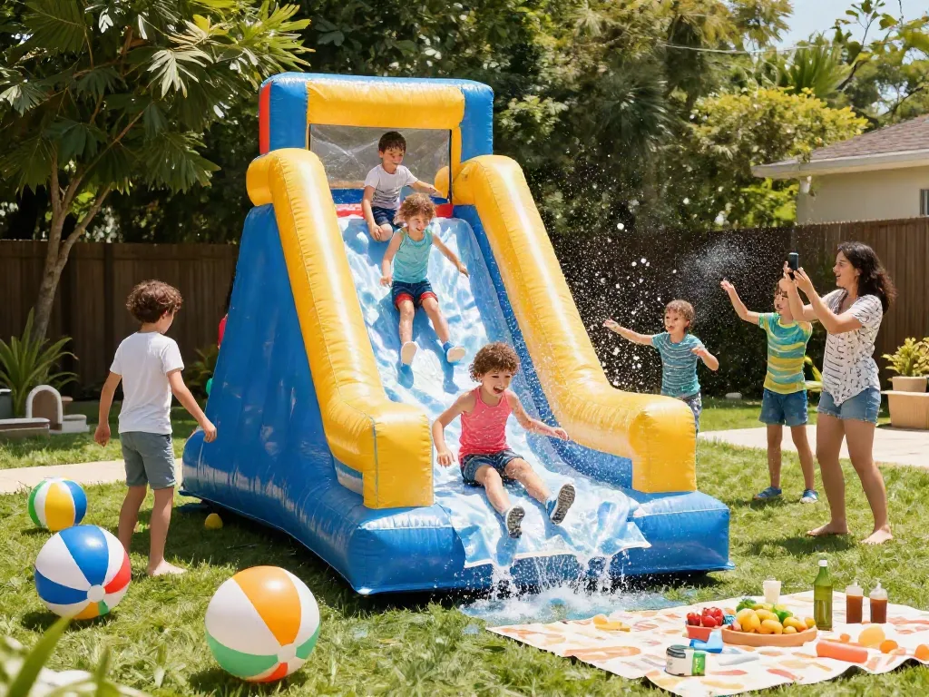 Children gleefully slide in the water on an inflatable water slide, surrounded by summer fun elements.