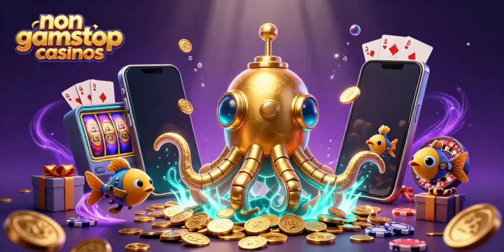Experience thrilling action at non gamstop casinos with a golden kraken submarine and mechanical fish amidst golden coins.