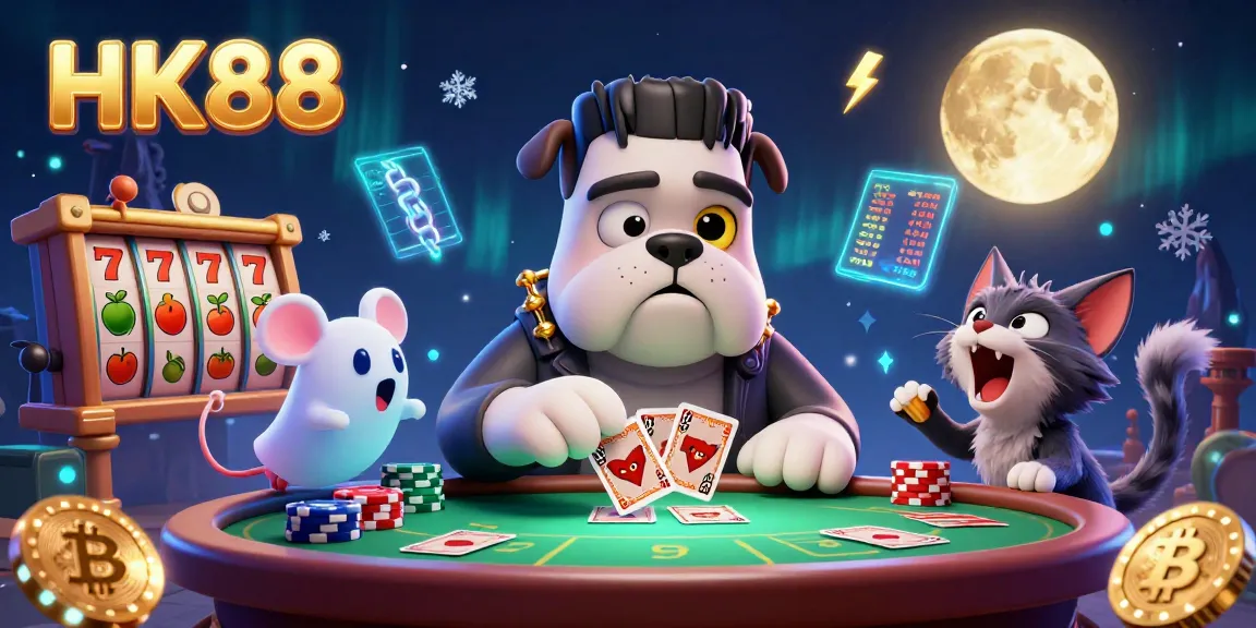 Join HK88 for thrilling card games as the Frankenstein bulldog deals at a glowing casino table full of surprises.