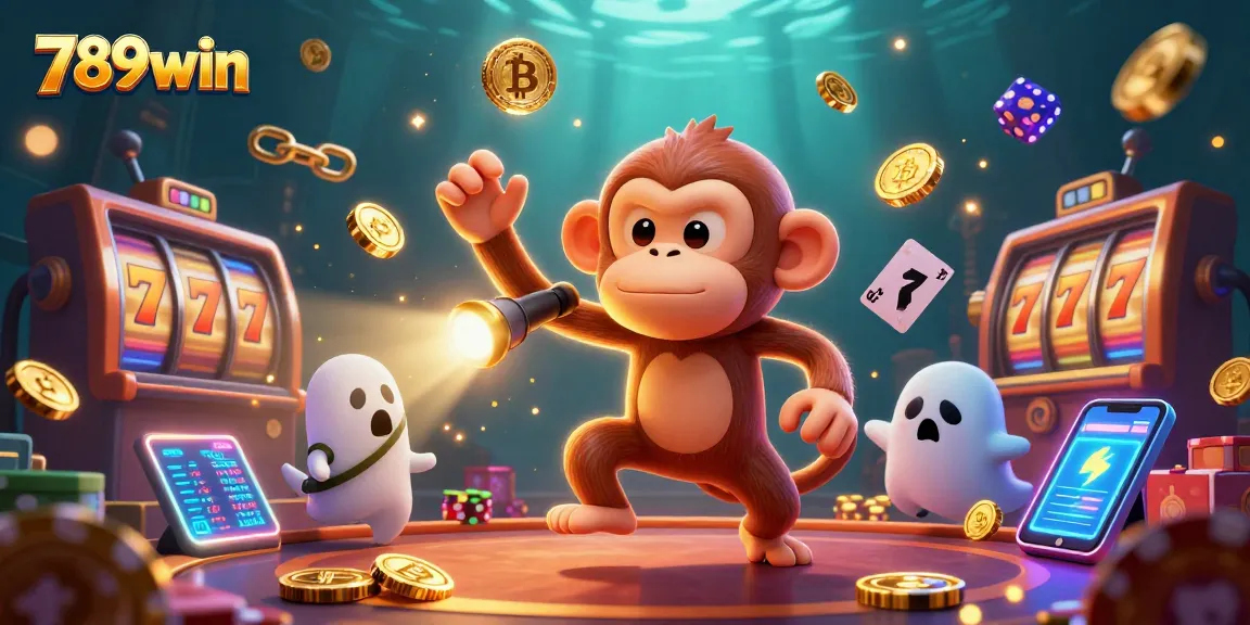 Engage in the thrill of 789win gaming with a poltergeist monkey juggling golden coins and a curious puppy spotlighting fun