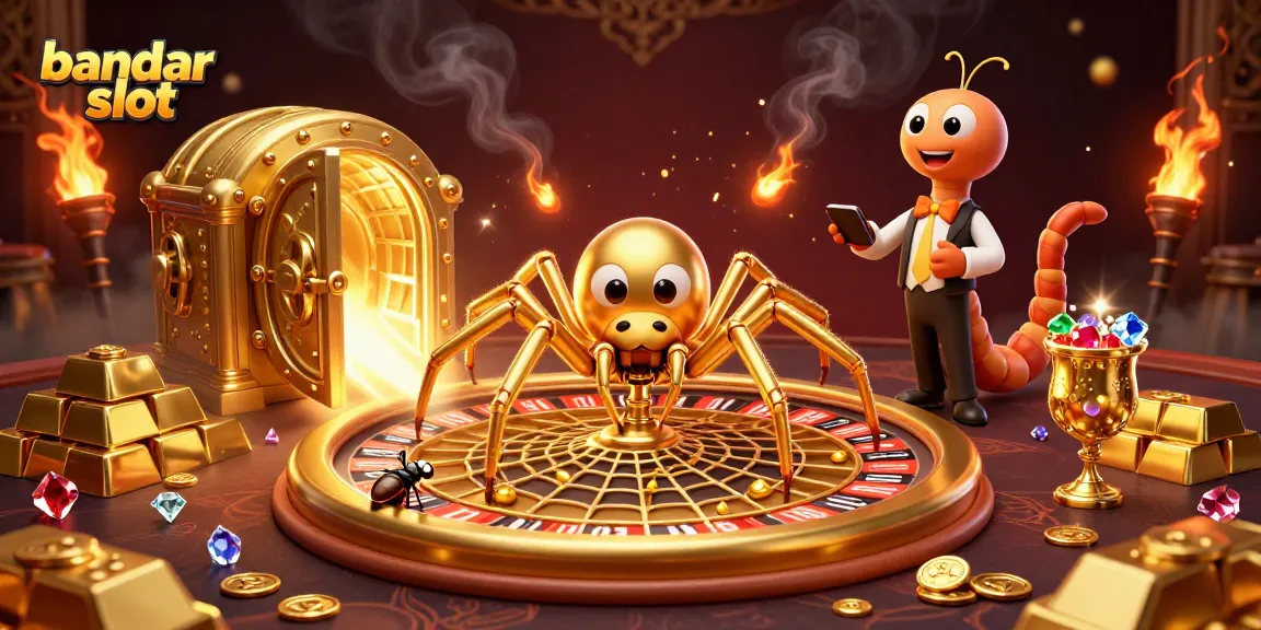 Experience thrilling action at bandar slot with a golden spider and centipede croupier in a luxurious casino setting.