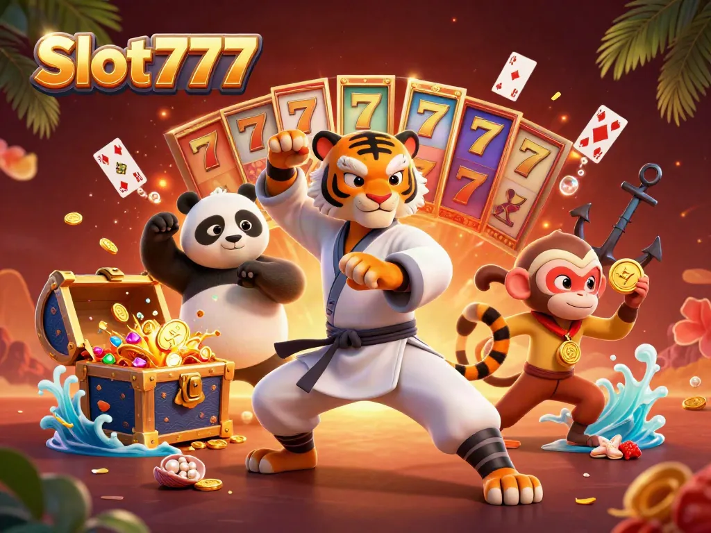 Experience the thrill of Slot777 with vibrant characters and dynamic casino elements in this detailed 3D illustration.