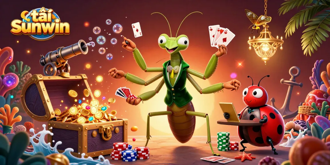 Play to win with tải sunwin in this vibrant casino scene featuring a praying mantis card sharp.
