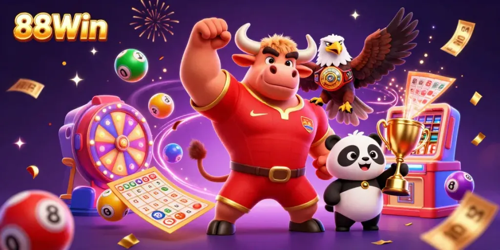 Win exciting prizes with 88Win as the vibrant characters celebrate in a dynamic casino scene.
