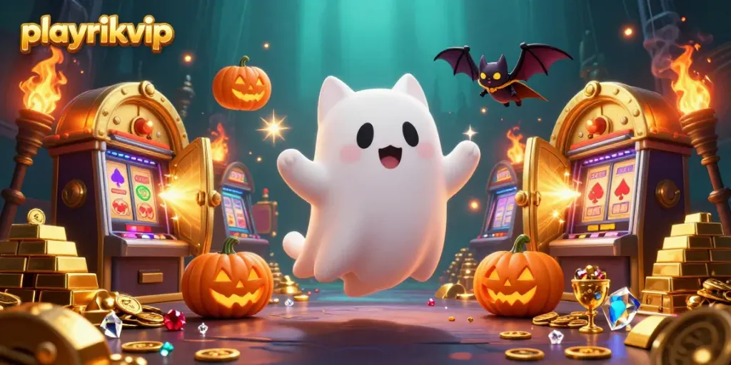 Engage in playrikvip with a ghost cat and bat in a vibrant haunted casino scene.