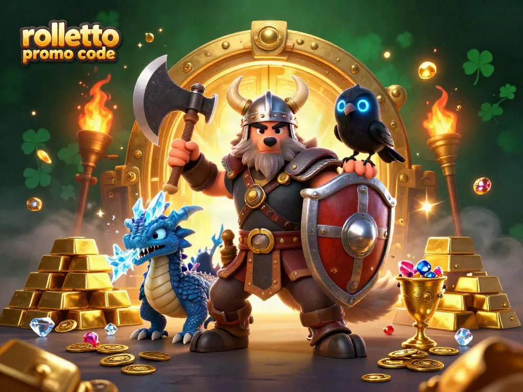 Claim rewards with the rolletto promo code in a magical casino scene, featuring iconic gaming elements.